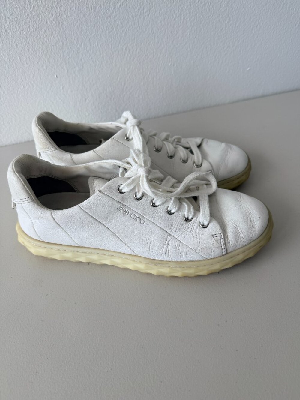 Jimmy Choo White Leather Diamond Sole Sneakers Low Top Shoes US 8/US 39